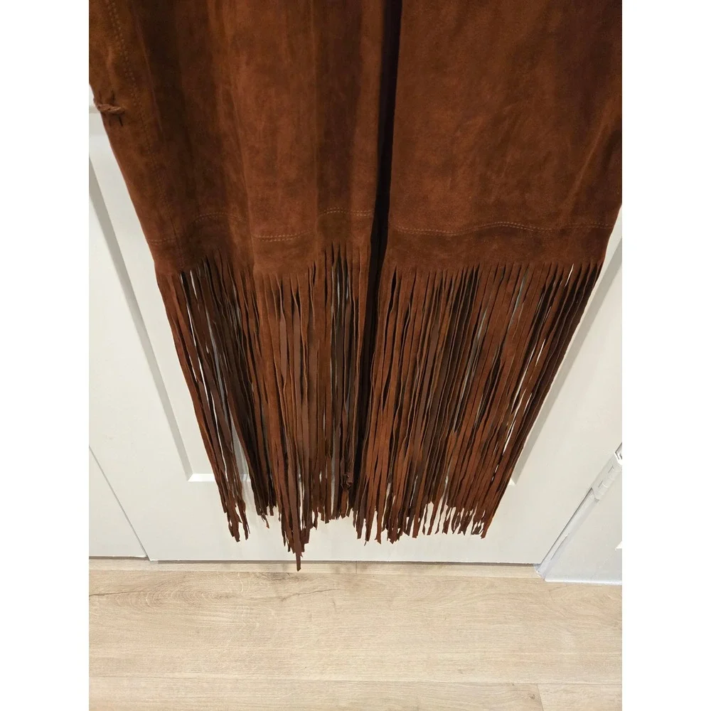 Sundance Brown Leather Suede Boho Fringe Duster Vest Laser Cut Floral Large - Picture 9 of 12